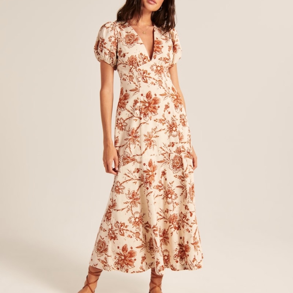 Abercrombie & Fitch Puff Sleeve Slim Poplin Midi Dress